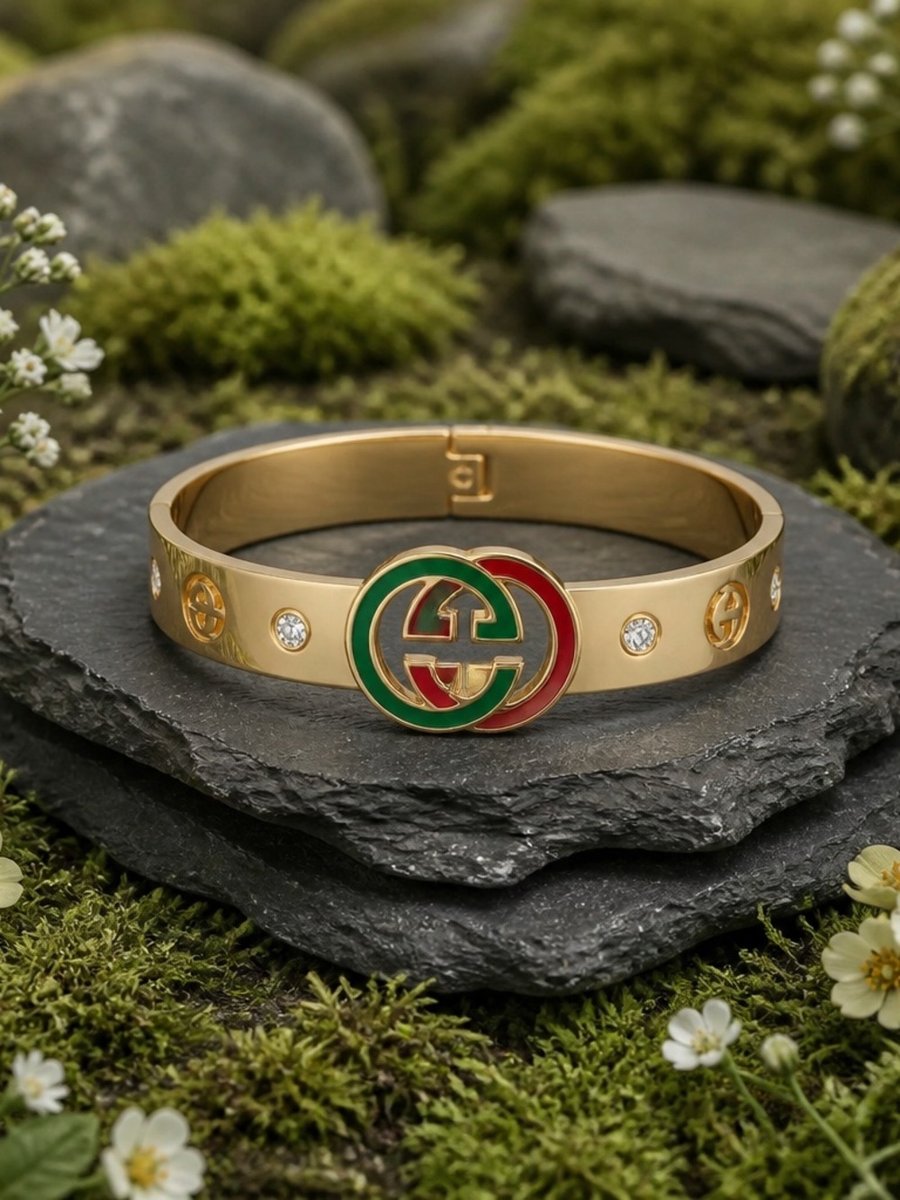 Gold-Tone GG Bangle with Green and Red Accent